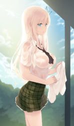 Rule 34 | 10s, 1girl, aqua eyes, blonde hair, blue sky, boku wa tomodachi ga sukunai, breasts, butterfly hair ornament, cait aron, cloud, day, female focus, gradient background, hair ornament, highres, kashiwazaki sena, large breasts, long hair, looking at viewer, necktie, no bra, see-through, shirt, skirt, sky, solo, towel, very long hair, wet, wet clothes, wet shirt, wet skirt