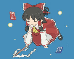 Rule 34 | 1girl, ascot, black footwear, black hair, blue background, blush, bow, closed eyes, commentary request, danmaku, detached sleeves, flying, frilled shirt collar, frilled skirt, frills, gohei, hair bow, hair tubes, hakurei reimu, high ponytail, highres, holding, holding gohei, medium hair, nerio (neri akira), nontraditional miko, open mouth, orb, point item (touhou), power-up, power item (touhou), red bow, red shirt, red skirt, red vest, ribbon, shirt, shoes, sidelocks, simple background, skirt, sleeveless, sleeveless shirt, touhou, vest, white sleeves, wide sleeves, yellow ascot