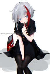 Rule 34 | 1girl, admiral graf spee (azur lane), admiral graf spee (girl&#039;s sunday) (azur lane), azur lane, between legs, black dress, black pantyhose, blue eyes, blush, bugles, bugles (food), bugles on fingers, character name, dated, dress, food on hand, hand between legs, head tilt, long hair, looking at viewer, mimelond, multicolored hair, open mouth, pantyhose, red hair, short sleeves, signature, silver hair, sitting, solo, streaked hair, teeth, upper teeth only