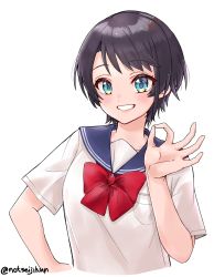 Rule 34 | 1girl, absurdres, alternate costume, black hair, blue eyes, blush, bow, bowtie, breasts, commentary, english commentary, grin, hand gesture, highres, hololive, lips, looking at viewer, medium breasts, ok sign, oozora subaru, parted bangs, red bow, red bowtie, sailor collar, school uniform, seiji kimoti, serafuku, shirt, short hair, short sleeves, simple background, smile, solo, teeth, twitter username, upper body, virtual youtuber, white background, white shirt