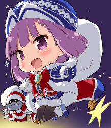 Rule 34 | 1girl, :d, black pantyhose, blue cloak, blue dress, blue footwear, blue gloves, blue headwear, boots, bow, brooch, chibi, cloak, colonel olcott (fate), commentary request, dress, fate/grand order, fate/grand order arcade, fate (series), fingerless gloves, fur-trimmed boots, fur-trimmed cloak, fur-trimmed dress, fur-trimmed headwear, fur-trimmed jacket, fur-trimmed sleeves, fur trim, gloves, hat, helena blavatsky (christmas) (fate), helena blavatsky (fate), holding, holding sack, hood, hood down, hooded cloak, jacket, jewelry, long sleeves, natsume eri, open mouth, pants, pantyhose, purple eyes, purple hair, red bow, red headwear, red jacket, red pants, sack, santa costume, santa hat, smile, star (symbol)