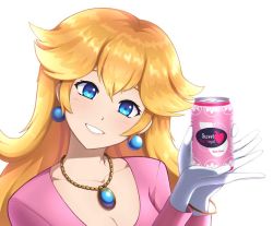 Rule 34 | 1girl, bangle, blonde hair, blue eyes, bracelet, breasts, can, cleavage, collarbone, drink, earrings, english text, food, fruit, gloves, grin, hands up, head tilt, heart, heart print, holding, holding can, jewelry, lips, long hair, long sleeves, looking at viewer, mario (series), nintendo, peach, peach print, pendant, phiphi-au-thon, pink shirt, princess peach, pun, shirt, simple background, smile, solo, super mario bros. 1, tea, teeth, white background, white gloves