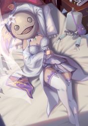 Rule 34 | 1girl, arm up, artist name, bag, bed, breasts, commentary, curtains, emil (nier), emilia (re:zero), english commentary, flower, frilled sleeves, frills, from above, grin, highres, long sleeves, lying, medium breasts, monusha, name connection, nier (series), nier:automata, on back, pillow, pleated skirt, pod (nier:automata), re:zero kara hajimeru isekai seikatsu, see-through, skirt, smile, sunlight, thighhighs, white skirt, white thighhighs, window
