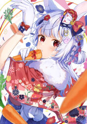 Rule 34 | 1girl, absurdres, animal ears, carrot, chinese zodiac, closed mouth, food, hair ornament, happy new year, highres, holding, holding carrot, holding food, holding vegetable, koyulu, looking at viewer, nengajou, new year, number hair ornament, rabbit ears, rabbit girl, rabbit hair ornament, rabbit tail, red eyes, solo, tail, vegetable, year of the rabbit