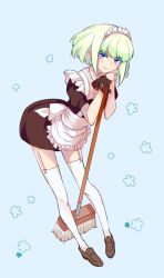 Rule 34 | 1boy, alternate costume, apron, back bow, black dress, black gloves, blue background, blush, bow, broom, brown footwear, colored eyelashes, crossdressing, dress, frills, full body, garter straps, gloves, green hair, half gloves, highres, holding, holding broom, leaning forward, leaning on broom, leaning on object, lio fotia, loafers, looking at viewer, maid, maid apron, maid headdress, male focus, promare, puffy short sleeves, puffy sleeves, purple eyes, shoes, short hair, short sleeves, sidelocks, smile, solo, thighhighs, trap, white apron, white thighhighs, yuno setouchi, zettai ryouiki