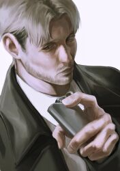 Rule 34 | 1boy, beard, black jacket, black necktie, chainsaw man, collared shirt, eulbhitomi, facial hair, flask, formal, grey hair, highres, holding, holding flask, jacket, kishibe (chainsaw man), looking to the side, male focus, necktie, shirt, short hair, simple background, solo, stubble, suit, suit jacket, undercut, white background, white shirt