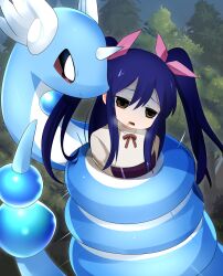 Rule 34 | 1girl, blue hair, bow, brown eyes, commentary request, commission, constriction, creatures (company), crossover, dashed eyes, dragonair, empty eyes, fairy tail, flat chest, game freak, gen 1 pokemon, hair between eyes, hair bow, highres, lets0020, long hair, medium bangs, nintendo, open mouth, pink bow, pixiv commission, pokemon, pokemon (creature), ryona, shirt, tearing up, tree, twintails, upper body, wendy marvell, white shirt