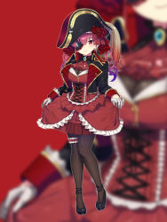 Rule 34 | 1girl, adapted costume, anklet, black footwear, black jacket, black pantyhose, blush, bow, breasts, cleavage, corset, cropped jacket, cross-laced clothes, dress, eyepatch, flower, frilled dress, frills, full body, gloves, gradient hair, hair between eyes, hair bow, hair ribbon, hat, hat flower, highres, hololive, houshou marine, jacket, jewelry, large breasts, lips, long sleeves, looking at viewer, medium hair, multicolored hair, neckerchief, oshiruko (oshiruco 212048), pantyhose, pendant, pirate hat, purple hair, red background, red dress, red eyes, red hair, ribbon, rose, see-through, see-through cleavage, shoes, short dress, simple background, skirt hold, smile, solo, standing, thigh strap, tricorne, twintails, two-tone hair, virtual youtuber, white gloves, zoom layer