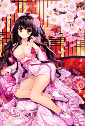 Rule 34 | 1girl, absurdres, arm at side, arm support, ball, bare shoulders, blush, bow, breasts, brown eyes, brown hair, cherry blossoms, cleavage, collarbone, eyebrows, fingernails, floral print, flower, fujima takuya, groin, hair between eyes, hair bow, hair flower, hair ornament, hair ribbon, hanamakura, hand up, highres, holding, holding flower, huge filesize, japanese clothes, kimono, large breasts, long hair, looking at viewer, lying, matching hair/eyes, navel, off shoulder, on side, open clothes, open kimono, open mouth, petals, ponytail, ribbon, ribbon-trimmed legwear, ribbon trim, sash, scan, see-through, socks, solo, somei yoshino