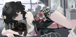 Rule 34 | 1girl, bare shoulders, black hair, blue eyes, clothing cutout, commentary request, dress, eyes visible through hair, feet out of frame, flower, green dress, grey flower, hair bun, hair flower, hair ornament, hair over eyes, highres, honkai: star rail, honkai (series), indoors, lying, on side, pelvic curtain, ruan mei (honkai: star rail), short sleeves, shoulder cutout, single side bun, solo, torimahera, white flower