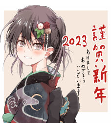 Rule 34 | 1girl, 2023, absurdres, akeome, alternate costume, black hair, black kimono, brown background, brown eyes, commentary request, dairyo3, furisode, hair ornament, happy new year, highres, japanese clothes, kantai collection, kimono, looking at viewer, new year, parted lips, sendai (kancolle), short hair, smile, solo, two-tone background, two side up, upper body