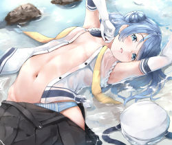 Rule 34 | 1girl, armpits, beret, blue eyes, blue hair, blue panties, come hither, double bun, elbow gloves, gloves, hair bun, hat, irohakaede, kantai collection, long hair, looking at viewer, navel, neckerchief, no bra, open clothes, open mouth, panties, partially submerged, pleated skirt, rock, sailor hat, school uniform, serafuku, skirt, sleeves rolled up, solo, underwear, undressing, unworn hat, unworn headwear, urakaze (kancolle), water, white gloves, white hat, yellow neckerchief