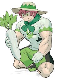 Rule 34 | 1boy, beige headwear, biceps, boots, brown hat, closed mouth, commentary request, creatures (company), freckles, game freak, gloves, green eyes, green shorts, hat, holding, kneeling, male focus, milo (pokemon), muscular, muscular male, nintendo, on one knee, pectorals, pink hair, pokemon, pokemon swsh, radish, shirt, short sleeves, shorts, smile, solo, sun hat, sweatdrop, tsukigara rosshi, white gloves