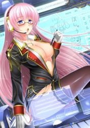 Rule 34 | 1girl, :o, bad id, bad pixiv id, blush, breasts, center opening, cleavage, floating screen, glasses, gloves, gold trim, headset, holographic interface, jewelry, large breasts, long hair, megurine luka, musical note, no bra, pendant, pink hair, quaver, shibata rai, shiny skin, solo, text background, thighhighs, very long hair, vocaloid