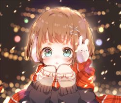 Rule 34 | 1girl, :o, b rock, bad id, bad pixiv id, brown hair, commentary request, green eyes, hair ornament, hairclip, hands up, light particles, long sleeves, looking at viewer, mittens, original, red scarf, scarf, short hair, solo, x hair ornament