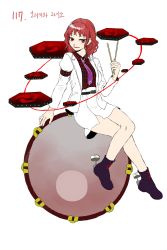 Rule 34 | 1girl, absurdres, belt, black belt, black footwear, black shirt, boots, breasts, collared shirt, commentary, cross-laced footwear, crossed legs, derivative work, double dealing character, drum, drum set, drumsticks, full body, highres, holding, holding drumsticks, horikawa raiko, instrument, jacket, korean commentary, kuya (hey36253625), looking at viewer, medium breasts, mixed-language commentary, naughty face, necktie, open mouth, pelvic curtain, plaid, plaid shirt, purple necktie, red eyes, red hair, red skirt, shirt, short hair, simple background, sitting, sitting on drum, skirt, suit jacket, taiko drum, touhou, translated, wavy hair, white background, white jacket, white skirt