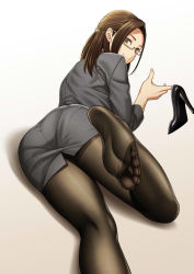 Rule 34 | 1girl, ass, brown eyes, brown hair, earrings, feet, formal, glasses, gradient background, grey background, high heels, highres, holding, holding shoes, jewelry, long hair, looking at viewer, looking back, miru tights, okuzumi yuiko, pantyhose, pantylines, parted bangs, pencil skirt, shoes, unworn shoes, simple background, single shoe, skirt, skirt suit, smile, soles, solo, suit, teacher, thighs, toes, white background
