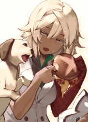 Rule 34 | 1girl, akisa yositake, animal, blonde hair, burger, dog, food, guilty gear, guilty gear strive, hair between eyes, highres, holding, holding food, looking at animal, no headwear, open mouth, ramlethal valentine, simple background, twitter username, yellow background, yellow eyes