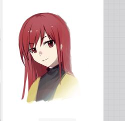 Rule 34 | 1other, androgynous, art program in frame, black sweater, closed mouth, euthan, jacket, len&#039;en, long hair, no headwear, ooya kunimitsu, open clothes, open jacket, other focus, portrait, red eyes, red hair, smile, solo, sweater, turtleneck, turtleneck sweater, yellow jacket
