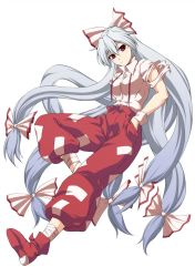 Rule 34 | 1girl, baggy pants, bandaged leg, bandages, bow, breasts, commentary request, fujiwara no mokou, hair between eyes, hair bow, hand in pocket, head tilt, highres, long hair, medium breasts, ofuda, ootsuki wataru, pants, red eyes, red footwear, red pants, shirt, shoes, short sleeves, silver hair, simple background, solo, suspenders, torn clothes, torn sleeves, touhou, very long hair, white background, white bow, white shirt, wing collar, wrist cuffs
