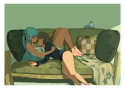 2girls absurdres bang_dream! bang_dream!_it&#039;s_mygo!!!!! bare_legs barefoot black_ribbon blue_hair blue_shirt camisole closed_eyes closed_mouth commentary couch cuddling cushion grey_hair hair_ribbon hashtag-only_commentary highres hug multiple_girls on_couch ribbon rognize shirt short_hair sleeping takamatsu_tomori togawa_sakiko two_side_up white_camisole yuri