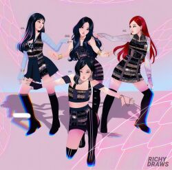Rule 34 | 4girls, aespa, animification, artist name, black footwear, black hair, boots, bracelet, chromatic aberration, commentary, dress, earrings, english commentary, full body, giselle (aespa), jewelry, k-pop, karina (aespa), kneeling, long hair, looking at another, looking at viewer, multiple girls, ningning (aespa), purple background, red hair, richydraws, ring, short hair, shorts, thigh boots, winter (aespa)