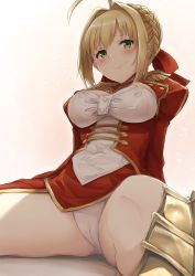 Rule 34 | 10s, 1girl, ahoge, akita hika, armor, bad id, bad pixiv id, blonde hair, blush, braid, breasts, cleavage, cleavage cutout, clothing cutout, commentary request, dress, epaulettes, fate/extra, fate (series), french braid, greaves, green eyes, hair between eyes, hair intakes, hair ribbon, highres, juliet sleeves, large breasts, leaning back, long sleeves, looking at viewer, nero claudius (fate), nero claudius (fate) (all), nero claudius (fate/extra), panties, puffy sleeves, red dress, red ribbon, ribbon, simple background, sitting, smile, solo, spread legs, thighs, underwear, white background, white panties