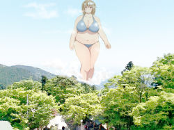 Rule 34 | 1girl, big belly, bikini, blush, breasts, brown hair, cleavage, fat, giant, giantess, hill, huge breasts, huge giantess, navel, original, outdoors, panah, plump, red eyes, short hair, solo, standing, swimsuit, thick thighs, thighs, tree