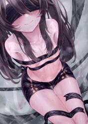 Rule 34 | 1girl, arms behind back, bare shoulders, bdsm, blindfold, blush, bondage, bound, breasts, brown hair, collarbone, covered eyes, docyacico, genshin impact, highres, hu tao (genshin impact), long hair, navel, restrained, shorts, small breasts, solo, thigh gap, twintails, very long hair, wet