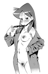 Rule 34 | 1girl, abemorioka, blush, breasts, coat, commentary, cowboy shot, crayon shin-chan, unworn eyewear, facial hair, female pubic hair, greyscale, highres, holding, holding removed eyewear, kindergarten teacher, long hair, looking at viewer, matsuzaka ume, monochrome, naked coat, navel, navel piercing, nipple bar, nipple piercing, nipples, off shoulder, open clothes, open coat, parted lips, piercing, pubic hair, pubic stubble, pussy, raised eyebrow, raised eyebrows, simple background, sleeves past wrists, small breasts, smile, solo, stubble, sunglasses, uncensored, white background