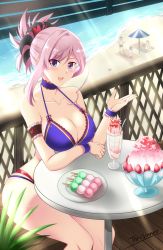 Rule 34 | 1girl, :d, arm up, armlet, arms on table, bare shoulders, beach, beach umbrella, bikini, blanket, blue eyes, blush, bracelet, breasts, choker, cleavage, collarbone, dango, day, dessert, fate/grand order, fate (series), fence, food, frills, fruit, hair ornament, halterneck, highres, ice cream, jewelry, large breasts, looking at viewer, miyamoto musashi (fate), ocean, open mouth, outdoors, parfait, parted bangs, pink hair, plate, ponytail, purple bikini, railing, sand, sanshoku dango, shade, sitting, skewer, smile, solo focus, starfish, strawberry, sundae, swimsuit, table, the-sinner, umbrella, vacation, wagashi, water, waves