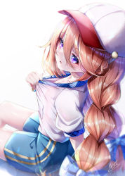 Rule 34 | 1girl, absurdres, arm support, baseball cap, blue bow, blue shorts, bow, bracelet, braid, breasts, fanning self, gym shorts, gym uniform, hair bow, hat, highres, jewelry, name tag, open mouth, orange hair, princess connect!, purple eyes, see-through, see-through shirt, shorts, solo, sweat, takemura kou, twin braids, twintails, white background, white hat, yuni (princess connect!), yuni (school festival) (princess connect!)