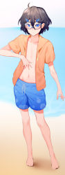 Rule 34 | 1boy, absurdres, beach, black hair, blue-framed eyewear, blue eyes, blue male swimwear, blue swim trunks, blush, closed mouth, collarbone, commentary, drawstring, frown, glasses, hair between eyes, hair ornament, hairclip, highres, hood, hooded jacket, indie virtual youtuber, jacket, kushizaki (vtuber), looking at viewer, male focus, male swimwear, navel, ocean, open clothes, open jacket, orange jacket, outdoors, short hair, sketch, solo, st (youx1119), standing, stomach, sweat, swim trunks, swimsuit, upper body, virtual youtuber