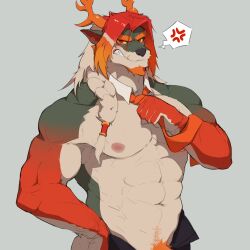 Rule 34 | 1boy, abs, absurdres, anger vein, animal ears, arknights, bara, braid, clenched teeth, colored sclera, commentary, dendryte axxon, detached collar, dragon boy, dragon ears, dragon horns, english commentary, furry, furry male, grey background, hand on own hip, highres, horns, looking at viewer, male focus, muscular, muscular male, necktie, nipples, orange necktie, pectorals, penis out of frame, pubic hair, red eyes, speech bubble, spoken anger vein, teeth, topless male, unzipped, wei yenwu (arknights), yellow sclera