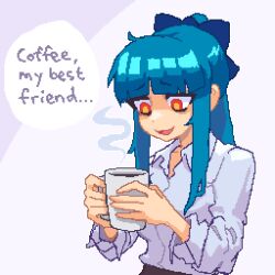 Rule 34 | 1girl, aqua hair, blue bow, bow, coffee mug, collared shirt, commentary, cup, endless monday: dreams and deadlines, english commentary, english text, hair bow, hcnone, holding, holding cup, long sleeves, mug, office lady, open collar, open mouth, orange eyes, original, penny (hcnone), pixel art, ponytail, shirt, sidelocks, simple background, smile, solo, upper body, white shirt