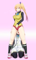 Rule 34 | 10s, 2girls, absurdres, aster crowley, bare legs, black hair, black legwear, black shirt, blonde hair, breasts, buruma, collared shirt, female focus, friends, hair ribbon, hand on own chest, highres, izumi reina, kawakami mai, kneeling, large breasts, leg grab, legs, licking, licking leg, licking thigh, long hair, long sleeves, looking at viewer, mole, mole on thigh, mole under eye, multiple girls, musaigen no phantom world, naughty face, open mouth, pink background, pleated skirt, purple eyes, ribbon, school uniform, shirt, shoes, side ponytail, skirt, smile, sneakers, socks, standing, sweater vest, thigh grab, thighhighs, tongue, tongue out, white skirt, yuri