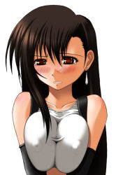 Rule 34 | 1990s (style), 1girl, abu, bare shoulders, black hair, blush, breasts squeezed together, breasts, cleavage, elbow gloves, covered erect nipples, final fantasy, final fantasy vii, gloves, large breasts, long hair, solo, suspenders, tank top, tears, tifa lockhart
