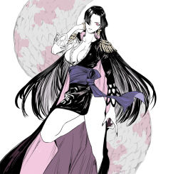 Rule 34 | 1girl, albino123, black hair, boa hancock, breasts, cleavage, earrings, eyelashes, fingernails, hair over one eye, jewelry, large breasts, long hair, looking at viewer, monochrome, one piece, parted lips, solo
