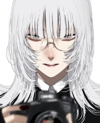Rule 34 | 1girl, black nails, commentary, detached sleeves, glasses, grey eyes, highres, hoshi san 3, long hair, looking at viewer, nail polish, original, parted lips, portrait, simple background, solo, symbol-only commentary, white background, white hair