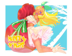 Rule 34 | 1girl, amamiya elena, blonde hair, commentary, dark-skinned female, dark skin, english commentary, english text, floating, hair ornament, hair pulled back, hairband, high heels, holly hair ornament, jj (ssspulse), long hair, looking at viewer, miniskirt, mole, mole under eye, off-shoulder shirt, off shoulder, one eye closed, open mouth, outside border, precure, purple eyes, sack, sheer pantyhose, shirt, short sleeves, skirt, smile, solo, star twinkle precure, white footwear, white shirt, white skirt, wind