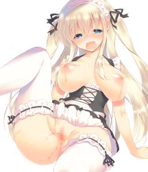 Rule 34 | 1girl, blonde hair, blue eyes, blush, breasts, censored, frills, highres, large breasts, long hair, maid, maid headdress, mosaic censoring, mutsuno hekisa, nipples, open mouth, original, sleeveless, solo, thighhighs, twintails