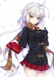 Rule 34 | 1girl, ahoge, black coat, black ribbon, blush, box, brown scarf, coat, cowboy shot, duffel coat, fate/grand order, fate (series), floating hair, gift, gift box, highres, holding, holding box, jeanne d&#039;arc (fate), jeanne d&#039;arc alter (avenger) (fate), jeanne d&#039;arc alter (fate), long hair, long sleeves, looking at viewer, miniskirt, open mouth, plaid, plaid scarf, plaid skirt, pleated skirt, red skirt, ribbon, scarf, silver hair, skirt, solo, standing, valentine, very long hair, white background, yellow eyes, yoshida takuma