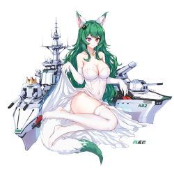 Rule 34 | 1girl, animal ear fluff, animal ears, azur lane, bare shoulders, breasts, cannon, choker, cleavage, closed mouth, collarbone, covered navel, crown, dress, elbow gloves, full body, gloves, heterochromia, highres, large breasts, long hair, machinery, mini crown, mole, mole on breast, no shoes, purple eyes, red eyes, shibanme tekikumo, simple background, smile, solo, strapless, strapless dress, tail, thighhighs, turret, very long hair, white background, white choker, white dress, white gloves, white thighhighs