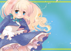 Rule 34 | 1girl, alternate color, arms behind back, blonde hair, bloomers, blue eyes, blue jacket, blue skirt, blush, closed mouth, commentary request, cowboy shot, flat chest, frilled shirt, frilled skirt, frills, jacket, long hair, looking at viewer, merchant (ragnarok online), okosama lunch (sendan), ragnarok online, shirt, shrug (clothing), skirt, smile, solo, underwear, white bloomers, white shirt