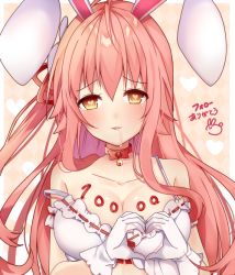 Rule 34 | 1girl, animal ears, bell, blush, bow, bow bra, bra, breasts, brown background, brown eyes, brown hair, choker, cleavage, collarbone, drooling, glint, gloves, hair between eyes, hair ornament, hair ribbon, hands up, heart, heart-shaped pupils, heart background, heart hands, jingle bell, long hair, medium breasts, neck bell, omuretsu, one side up, original, parted lips, rabbit ears, rabbit hair ornament, red choker, red ribbon, ribbon, ribbon-trimmed bra, saliva, solo, strap slip, symbol-shaped pupils, underwear, upper body, very long hair, white bra, white gloves
