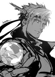Rule 34 | 1boy, battle tendency, bubble, caesar anthonio zeppeli, closed mouth, greyscale, hair ornament, hand up, headband, highres, hydrokinesis, jojo no kimyou na bouken, kotatsu (g-rough), looking at viewer, male focus, monochrome, signature, simple background, sketch, smile, solo, upper body, water, white background