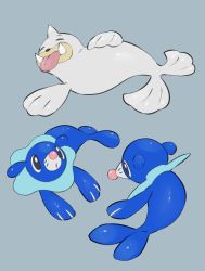 Rule 34 | :o, absurdres, black eyes, closed eyes, commentary, creatures (company), game freak, gen 1 pokemon, gen 7 pokemon, grey background, highres, looking up, lying, nintendo, no humans, nullma, pokemon, pokemon (creature), popplio, seel, simple background, tongue, tongue out, tusks