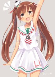 Rule 34 | 10s, 1girl, abcd2345, absurdres, brown eyes, brown hair, dark-skinned female, dark skin, dress, fang, flat chest, hair ribbon, hat, highres, kantai collection, kukiha, libeccio (kancolle), long hair, open mouth, ribbon, sailor dress, simple background, smile, solo, twintails