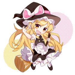 Rule 34 | 1girl, apron, back bow, black footwear, black headwear, black skirt, black vest, blonde hair, bow, braid, broom, buttons, chibi, circle, fensedekaoji, frilled apron, frilled hat, frilled skirt, frills, hat, hat bow, highres, holding, holding broom, kirisame marisa, long hair, looking at viewer, medium skirt, open mouth, outstretched arm, pink bow, puffy short sleeves, puffy sleeves, shirt, shoes, short sleeves, single braid, skirt, skirt set, smile, socks, touhou, turtleneck, unfinished dream of all living ghost, vest, waist apron, white apron, white background, white bow, white shirt, white socks, witch hat, yellow eyes