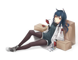 Rule 34 | 1girl, absurdres, animal ears, arknights, arm support, black thighhighs, blue hair, box, breasts, cardboard box, coat, eating, flippy (cripine111), food, food in mouth, gloves, grey sweater, hair between eyes, high tops, highres, hood, hooded coat, layered sleeves, light blush, long hair, long sleeves, looking at viewer, micro shorts, on box, orange eyes, oversized clothes, pantyhose, pocky, pocky in mouth, red gloves, red hair, shoes, shorts, simple background, sitting, sitting on box, sneakers, solo, sweater, sweets, texas (arknights), texas (winter messenger) (arknights), thighhighs, white background, white coat, wolf ears, wolf girl, zipper, zipper pull tab